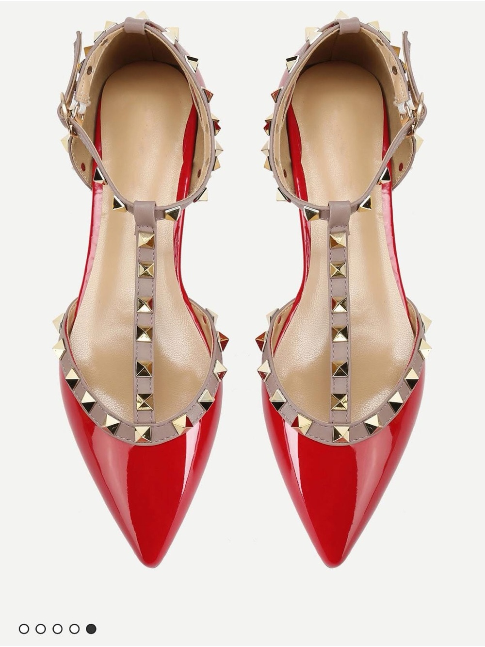 SHEIN Red Patent T-Strap Pointed Stud Flats with Taupe Trim